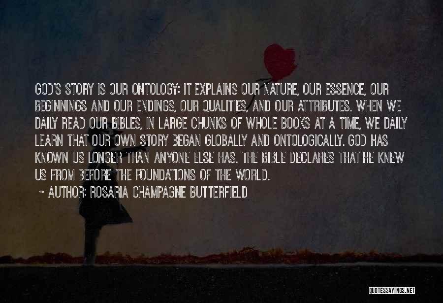 Rosaria Champagne Butterfield Quotes: God's Story Is Our Ontology: It Explains Our Nature, Our Essence, Our Beginnings And Our Endings, Our Qualities, And Our