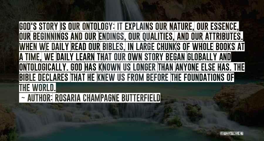 Rosaria Champagne Butterfield Quotes: God's Story Is Our Ontology: It Explains Our Nature, Our Essence, Our Beginnings And Our Endings, Our Qualities, And Our