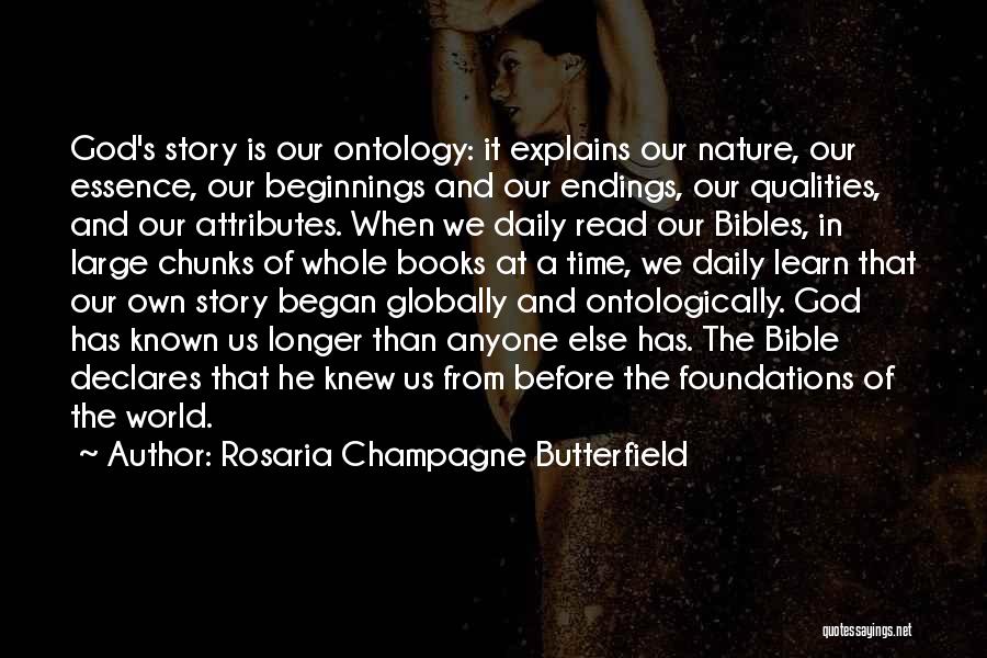 Rosaria Champagne Butterfield Quotes: God's Story Is Our Ontology: It Explains Our Nature, Our Essence, Our Beginnings And Our Endings, Our Qualities, And Our