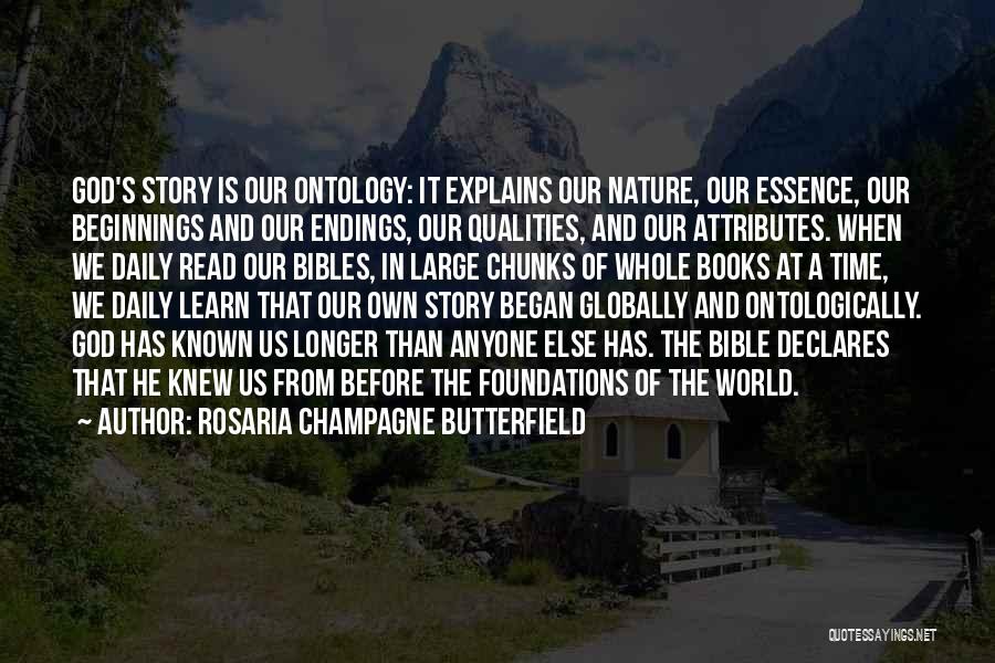 Rosaria Champagne Butterfield Quotes: God's Story Is Our Ontology: It Explains Our Nature, Our Essence, Our Beginnings And Our Endings, Our Qualities, And Our