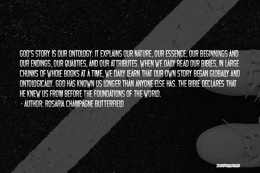 Rosaria Champagne Butterfield Quotes: God's Story Is Our Ontology: It Explains Our Nature, Our Essence, Our Beginnings And Our Endings, Our Qualities, And Our