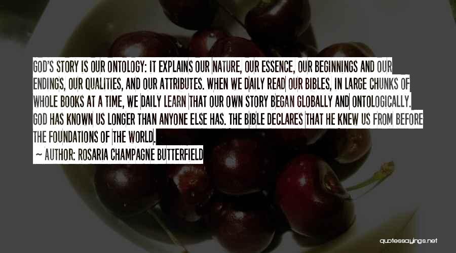 Rosaria Champagne Butterfield Quotes: God's Story Is Our Ontology: It Explains Our Nature, Our Essence, Our Beginnings And Our Endings, Our Qualities, And Our