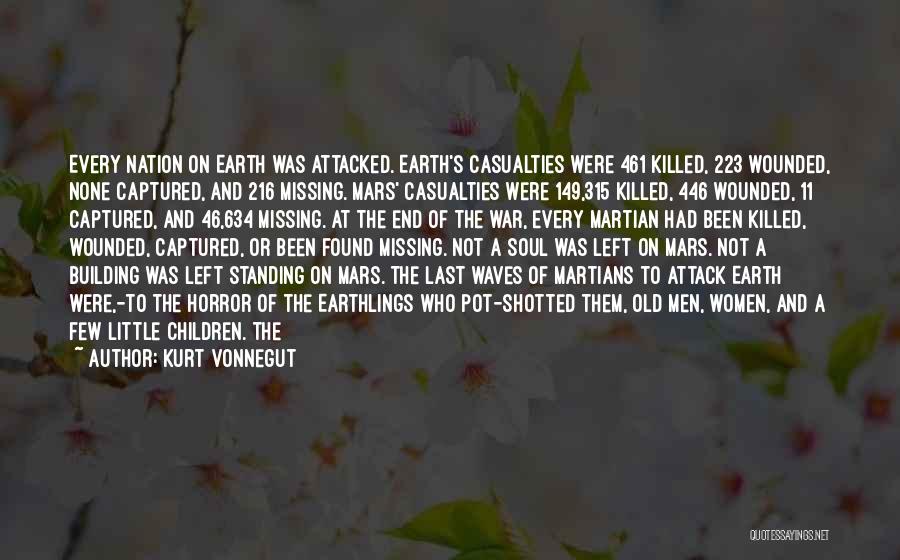 Kurt Vonnegut Quotes: Every Nation On Earth Was Attacked. Earth's Casualties Were 461 Killed, 223 Wounded, None Captured, And 216 Missing. Mars' Casualties