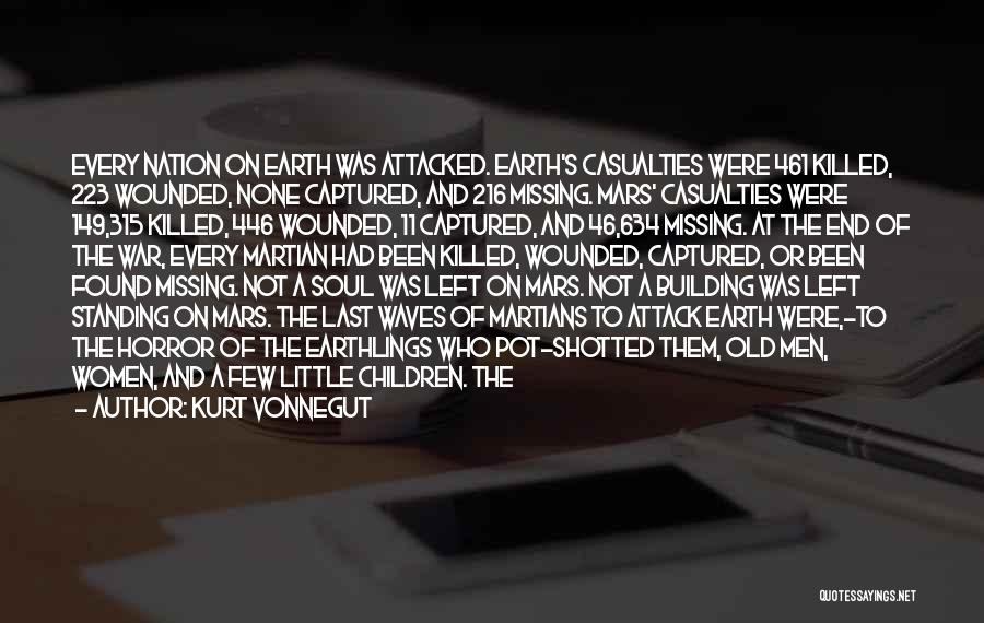 Kurt Vonnegut Quotes: Every Nation On Earth Was Attacked. Earth's Casualties Were 461 Killed, 223 Wounded, None Captured, And 216 Missing. Mars' Casualties