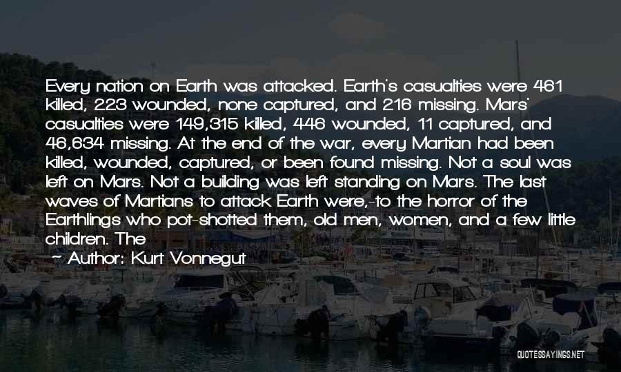 Kurt Vonnegut Quotes: Every Nation On Earth Was Attacked. Earth's Casualties Were 461 Killed, 223 Wounded, None Captured, And 216 Missing. Mars' Casualties