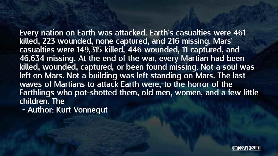 Kurt Vonnegut Quotes: Every Nation On Earth Was Attacked. Earth's Casualties Were 461 Killed, 223 Wounded, None Captured, And 216 Missing. Mars' Casualties
