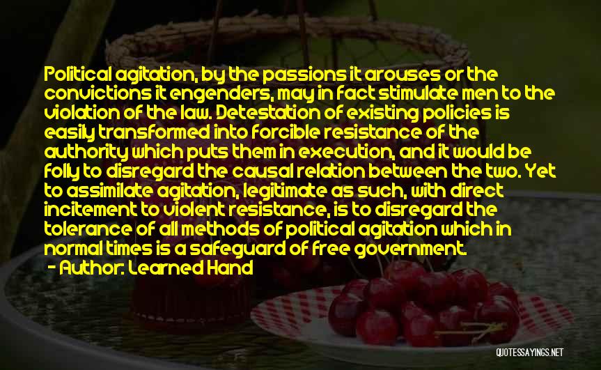 Learned Hand Quotes: Political Agitation, By The Passions It Arouses Or The Convictions It Engenders, May In Fact Stimulate Men To The Violation