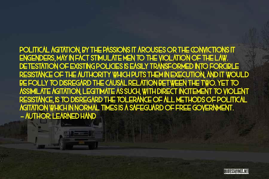 Learned Hand Quotes: Political Agitation, By The Passions It Arouses Or The Convictions It Engenders, May In Fact Stimulate Men To The Violation