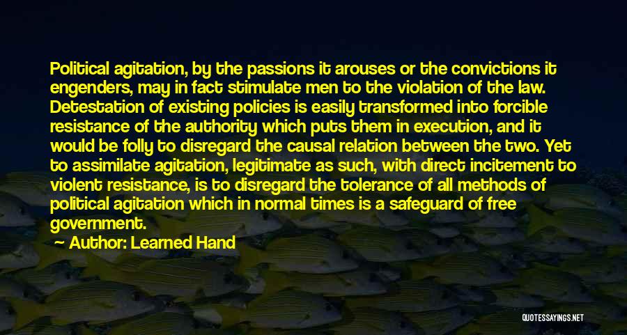 Learned Hand Quotes: Political Agitation, By The Passions It Arouses Or The Convictions It Engenders, May In Fact Stimulate Men To The Violation