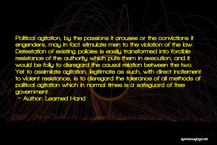 Learned Hand Quotes: Political Agitation, By The Passions It Arouses Or The Convictions It Engenders, May In Fact Stimulate Men To The Violation