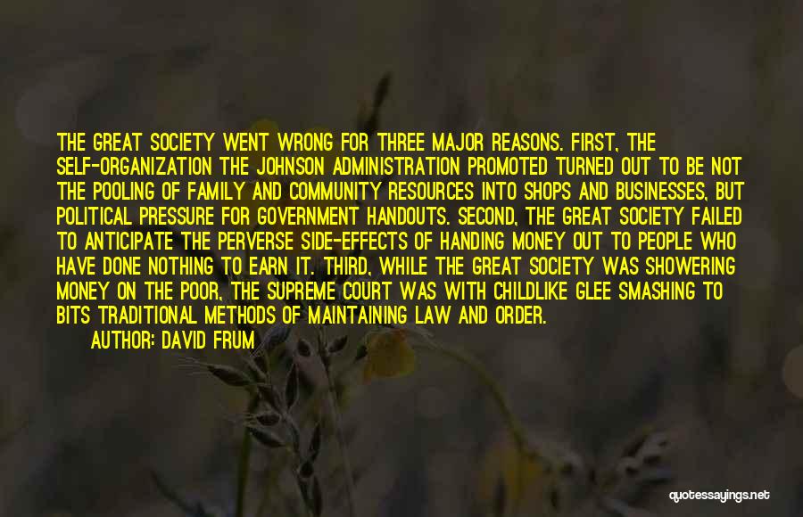 David Frum Quotes: The Great Society Went Wrong For Three Major Reasons. First, The Self-organization The Johnson Administration Promoted Turned Out To Be