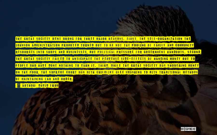 David Frum Quotes: The Great Society Went Wrong For Three Major Reasons. First, The Self-organization The Johnson Administration Promoted Turned Out To Be