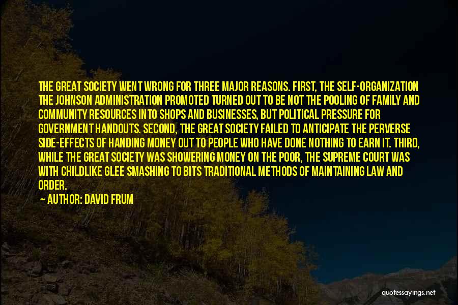 David Frum Quotes: The Great Society Went Wrong For Three Major Reasons. First, The Self-organization The Johnson Administration Promoted Turned Out To Be