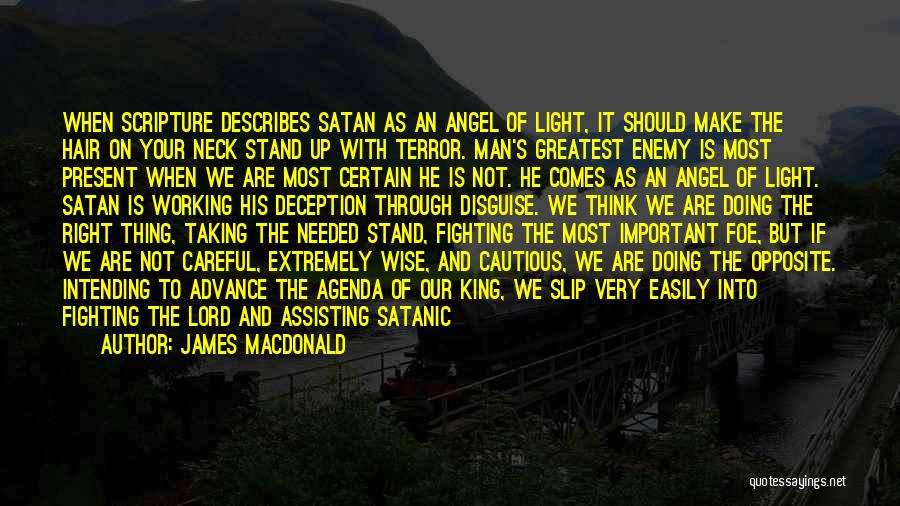 James MacDonald Quotes: When Scripture Describes Satan As An Angel Of Light, It Should Make The Hair On Your Neck Stand Up With