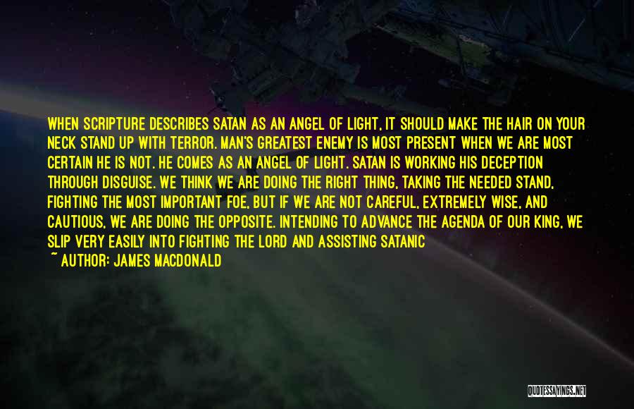 James MacDonald Quotes: When Scripture Describes Satan As An Angel Of Light, It Should Make The Hair On Your Neck Stand Up With