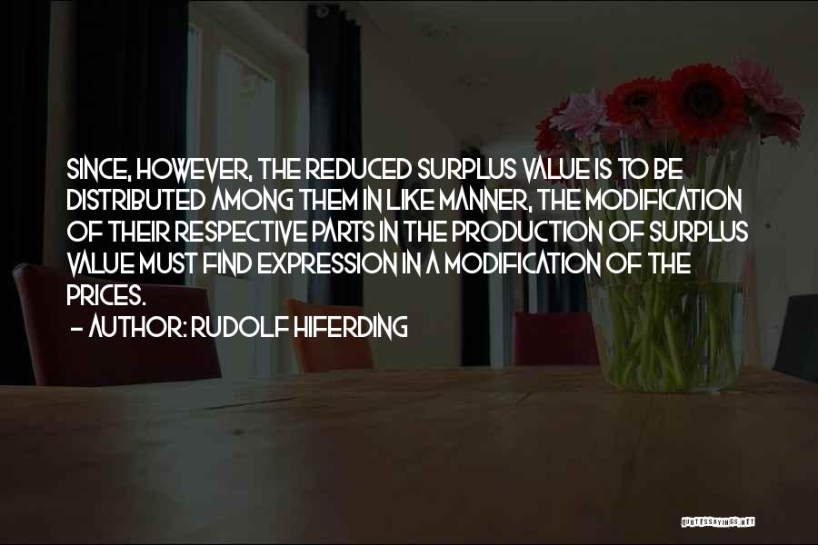 Rudolf Hiferding Quotes: Since, However, The Reduced Surplus Value Is To Be Distributed Among Them In Like Manner, The Modification Of Their Respective