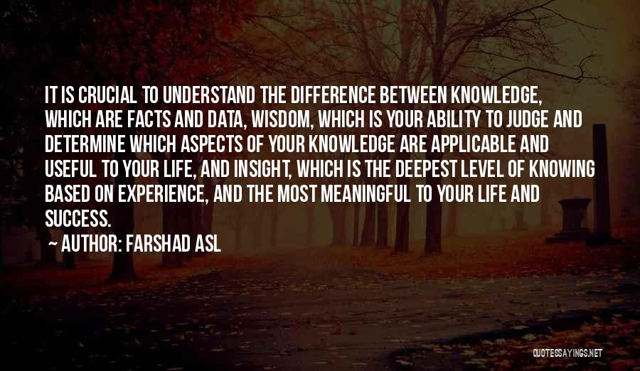 Farshad Asl Quotes: It Is Crucial To Understand The Difference Between Knowledge, Which Are Facts And Data, Wisdom, Which Is Your Ability To