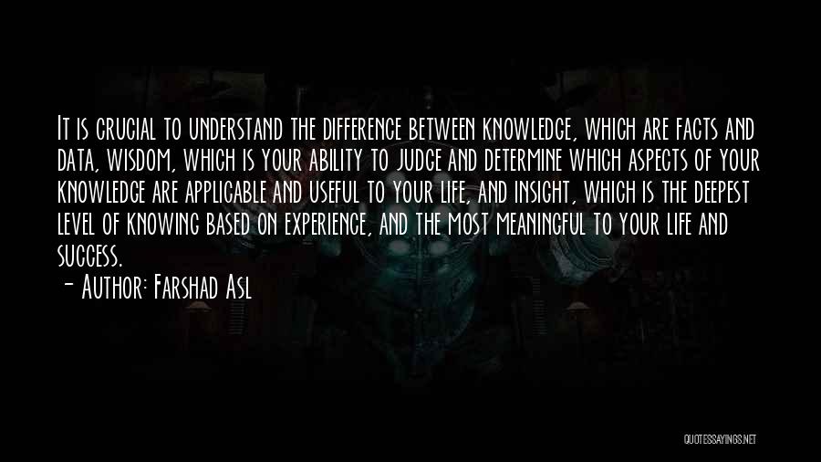 Farshad Asl Quotes: It Is Crucial To Understand The Difference Between Knowledge, Which Are Facts And Data, Wisdom, Which Is Your Ability To