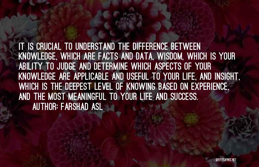 Farshad Asl Quotes: It Is Crucial To Understand The Difference Between Knowledge, Which Are Facts And Data, Wisdom, Which Is Your Ability To