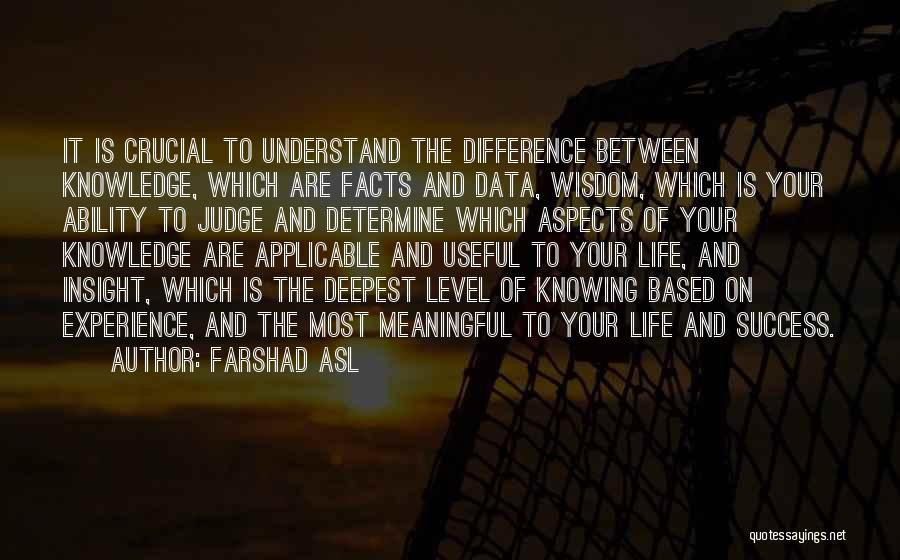 Farshad Asl Quotes: It Is Crucial To Understand The Difference Between Knowledge, Which Are Facts And Data, Wisdom, Which Is Your Ability To