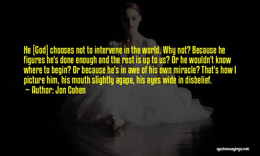 Jon Cohen Quotes: He [god] Chooses Not To Intervene In The World. Why Not? Because He Figures He's Done Enough And The Rest