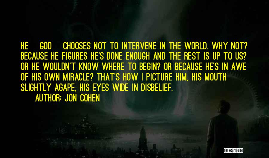 Jon Cohen Quotes: He [god] Chooses Not To Intervene In The World. Why Not? Because He Figures He's Done Enough And The Rest