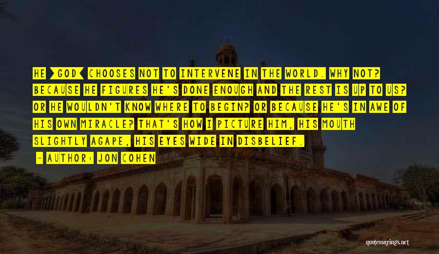 Jon Cohen Quotes: He [god] Chooses Not To Intervene In The World. Why Not? Because He Figures He's Done Enough And The Rest