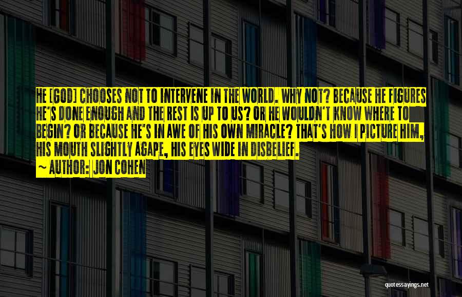 Jon Cohen Quotes: He [god] Chooses Not To Intervene In The World. Why Not? Because He Figures He's Done Enough And The Rest