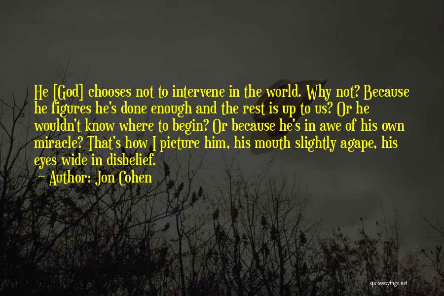 Jon Cohen Quotes: He [god] Chooses Not To Intervene In The World. Why Not? Because He Figures He's Done Enough And The Rest