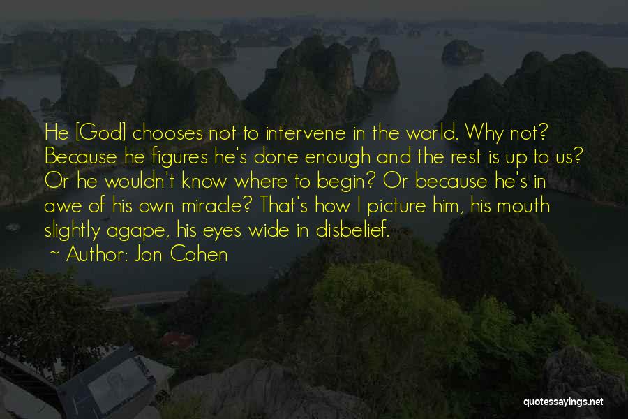 Jon Cohen Quotes: He [god] Chooses Not To Intervene In The World. Why Not? Because He Figures He's Done Enough And The Rest