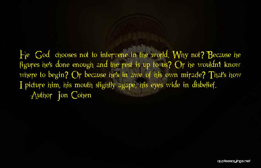 Jon Cohen Quotes: He [god] Chooses Not To Intervene In The World. Why Not? Because He Figures He's Done Enough And The Rest