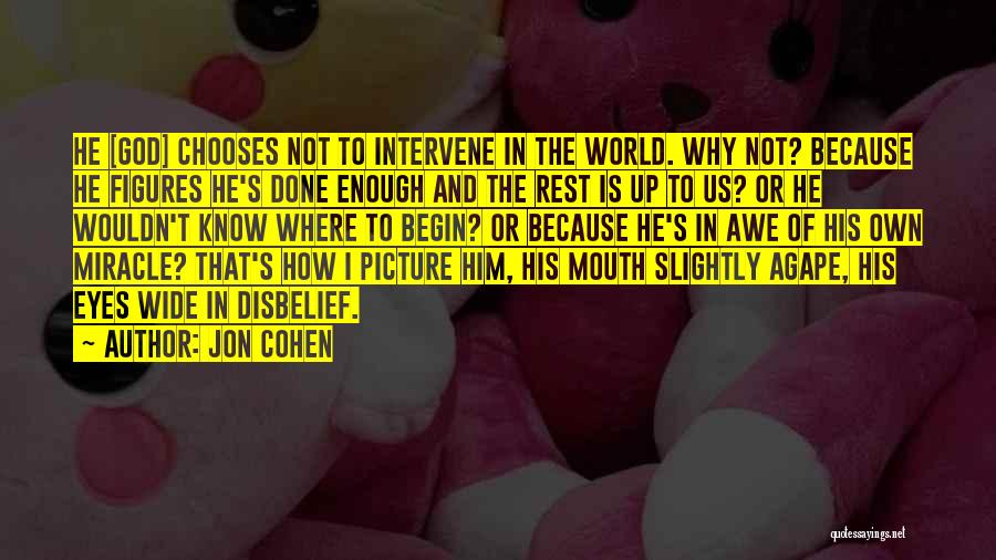 Jon Cohen Quotes: He [god] Chooses Not To Intervene In The World. Why Not? Because He Figures He's Done Enough And The Rest