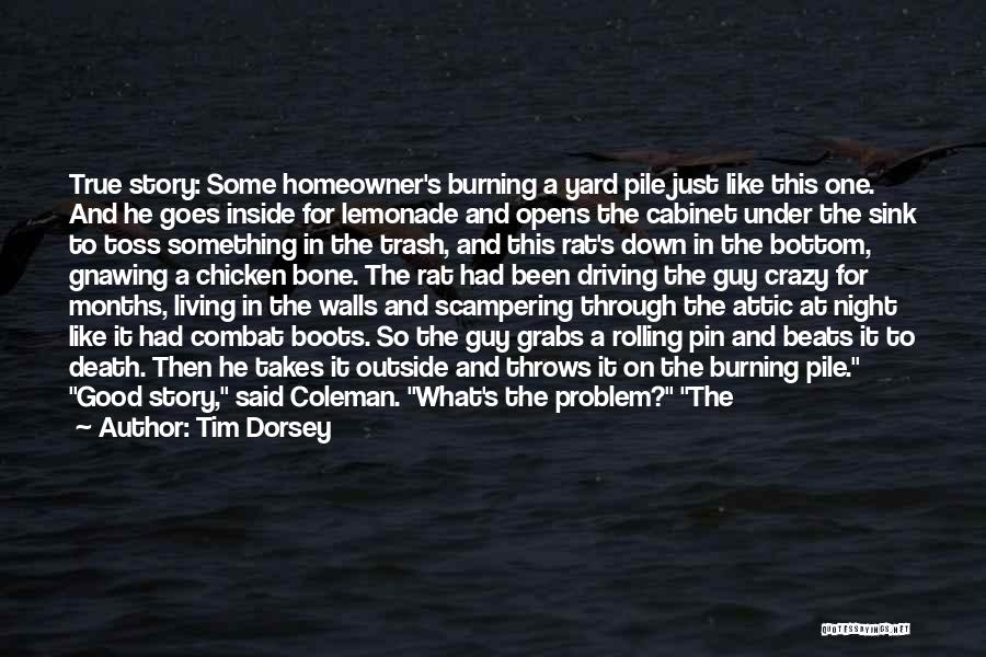 Tim Dorsey Quotes: True Story: Some Homeowner's Burning A Yard Pile Just Like This One. And He Goes Inside For Lemonade And Opens
