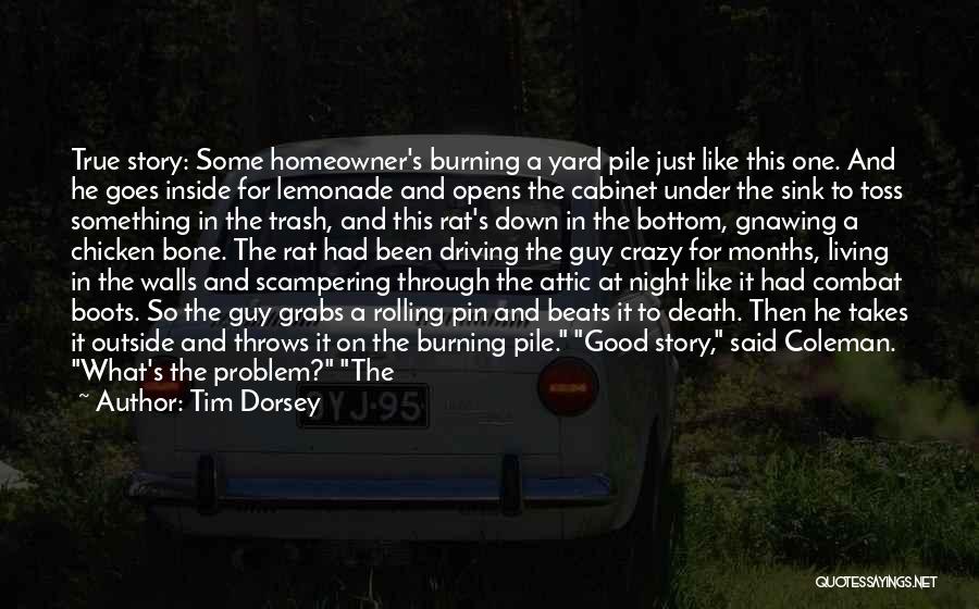 Tim Dorsey Quotes: True Story: Some Homeowner's Burning A Yard Pile Just Like This One. And He Goes Inside For Lemonade And Opens