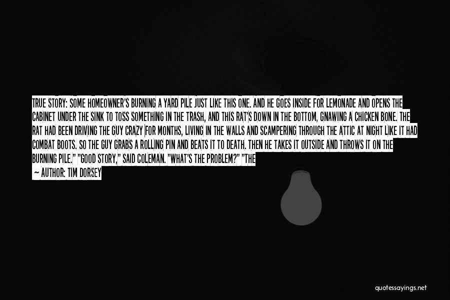 Tim Dorsey Quotes: True Story: Some Homeowner's Burning A Yard Pile Just Like This One. And He Goes Inside For Lemonade And Opens