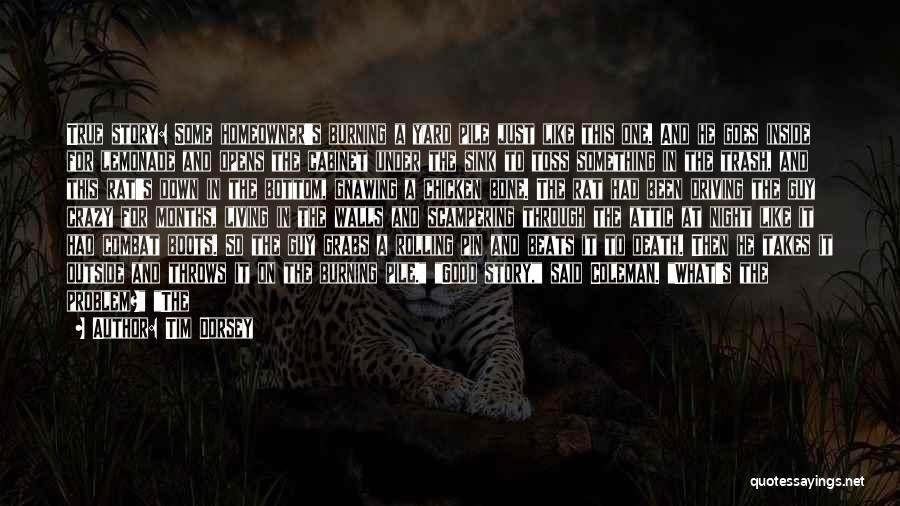 Tim Dorsey Quotes: True Story: Some Homeowner's Burning A Yard Pile Just Like This One. And He Goes Inside For Lemonade And Opens