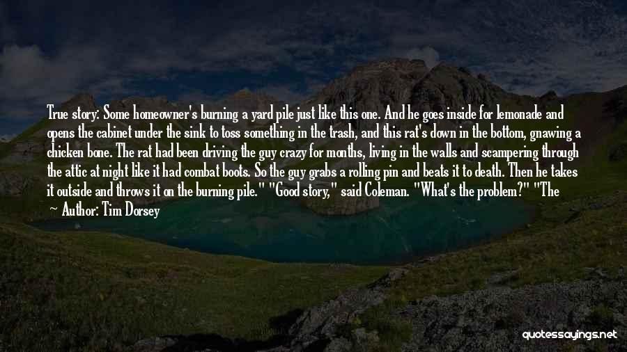 Tim Dorsey Quotes: True Story: Some Homeowner's Burning A Yard Pile Just Like This One. And He Goes Inside For Lemonade And Opens