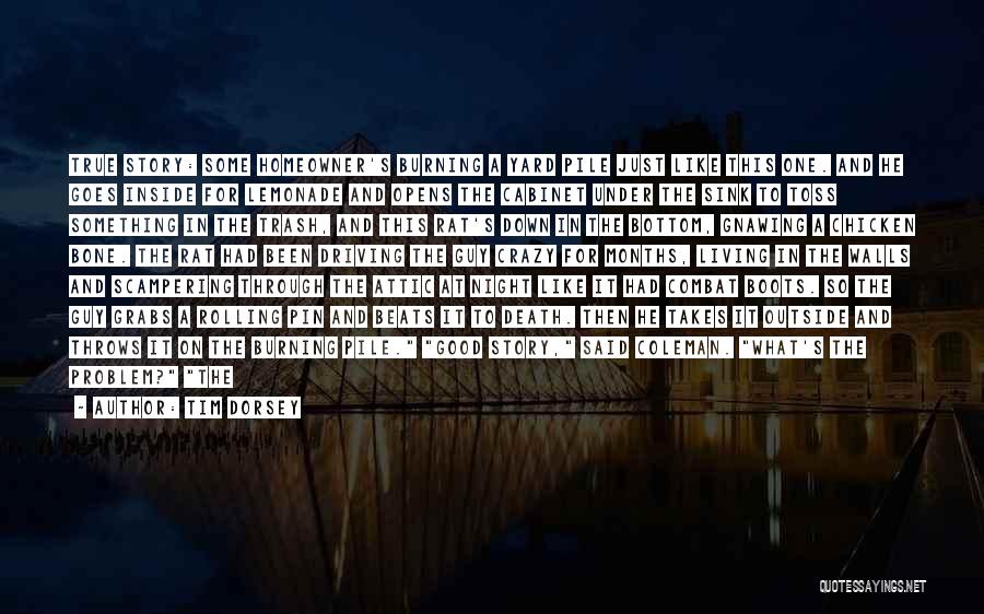 Tim Dorsey Quotes: True Story: Some Homeowner's Burning A Yard Pile Just Like This One. And He Goes Inside For Lemonade And Opens