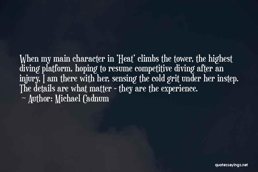 Michael Cadnum Quotes: When My Main Character In 'heat' Climbs The Tower, The Highest Diving Platform, Hoping To Resume Competitive Diving After An