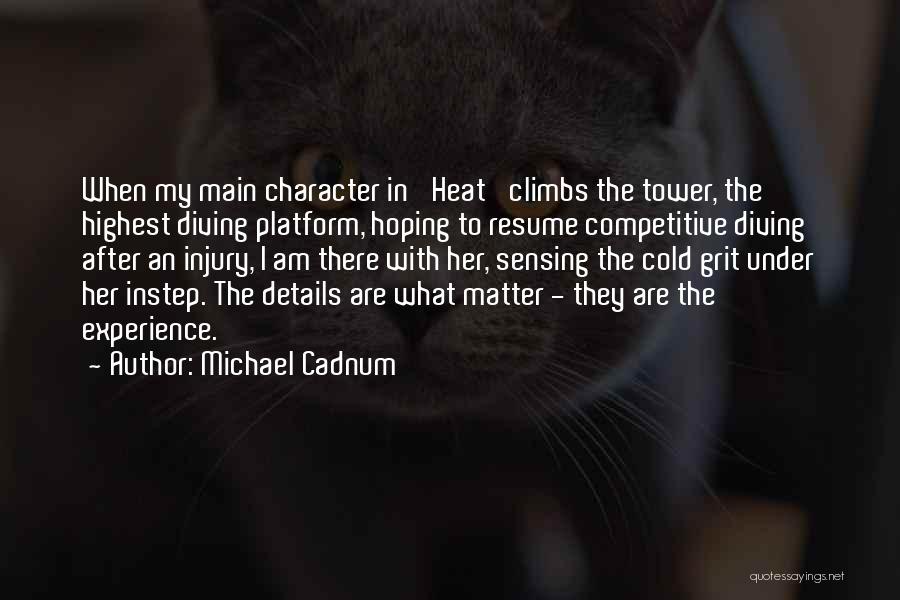 Michael Cadnum Quotes: When My Main Character In 'heat' Climbs The Tower, The Highest Diving Platform, Hoping To Resume Competitive Diving After An