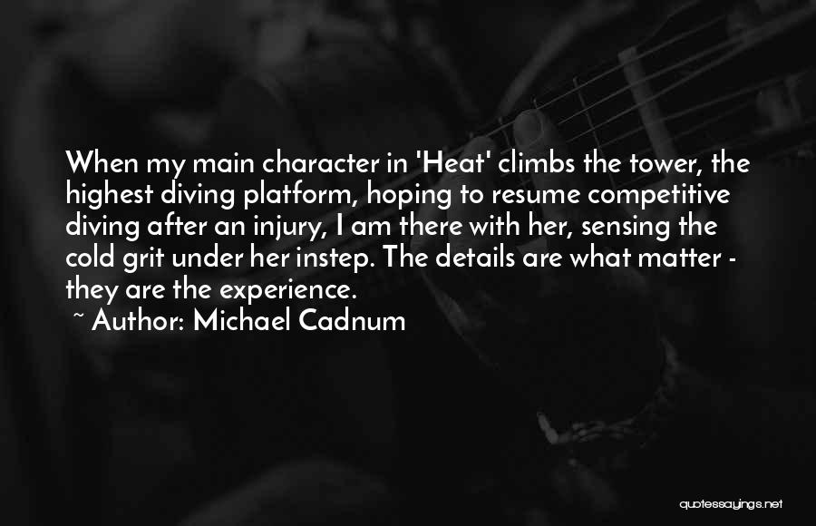 Michael Cadnum Quotes: When My Main Character In 'heat' Climbs The Tower, The Highest Diving Platform, Hoping To Resume Competitive Diving After An