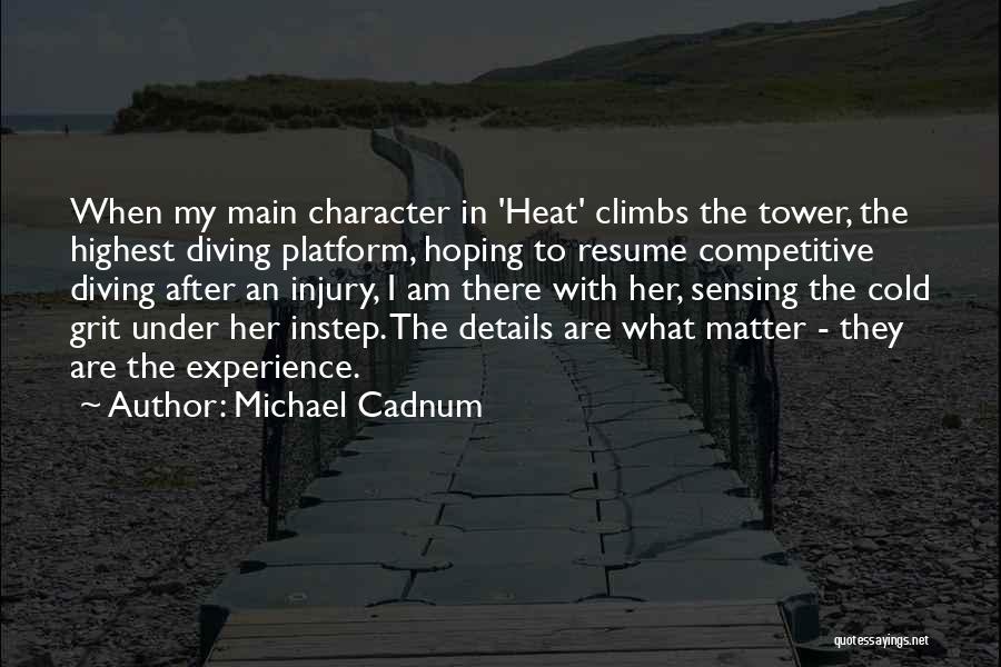 Michael Cadnum Quotes: When My Main Character In 'heat' Climbs The Tower, The Highest Diving Platform, Hoping To Resume Competitive Diving After An