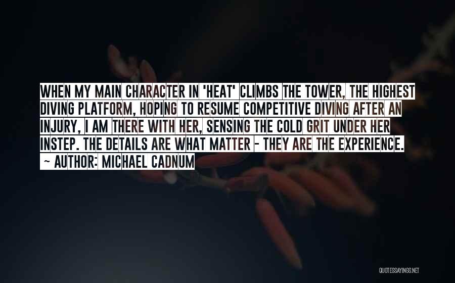 Michael Cadnum Quotes: When My Main Character In 'heat' Climbs The Tower, The Highest Diving Platform, Hoping To Resume Competitive Diving After An