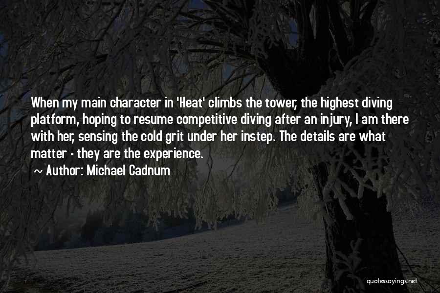 Michael Cadnum Quotes: When My Main Character In 'heat' Climbs The Tower, The Highest Diving Platform, Hoping To Resume Competitive Diving After An