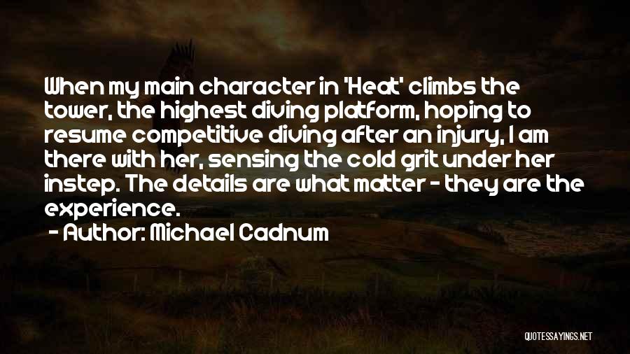 Michael Cadnum Quotes: When My Main Character In 'heat' Climbs The Tower, The Highest Diving Platform, Hoping To Resume Competitive Diving After An