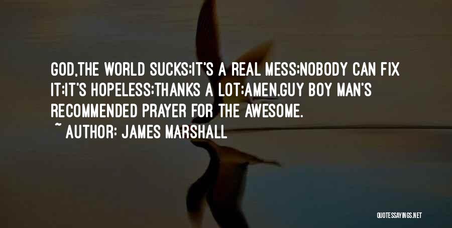 James Marshall Quotes: God,the World Sucks;it's A Real Mess;nobody Can Fix It;it's Hopeless;thanks A Lot;amen.guy Boy Man's Recommended Prayer For The Awesome.