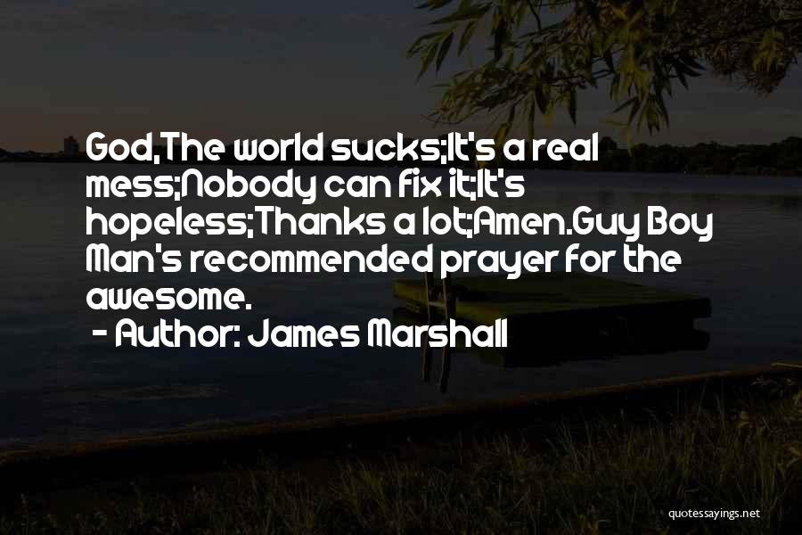 James Marshall Quotes: God,the World Sucks;it's A Real Mess;nobody Can Fix It;it's Hopeless;thanks A Lot;amen.guy Boy Man's Recommended Prayer For The Awesome.