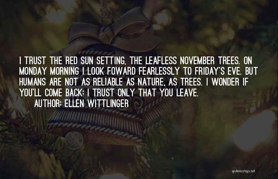 Ellen Wittlinger Quotes: I Trust The Red Sun Setting, The Leafless November Trees. On Monday Morning I Look Foward Fearlessly To Friday's Eve.