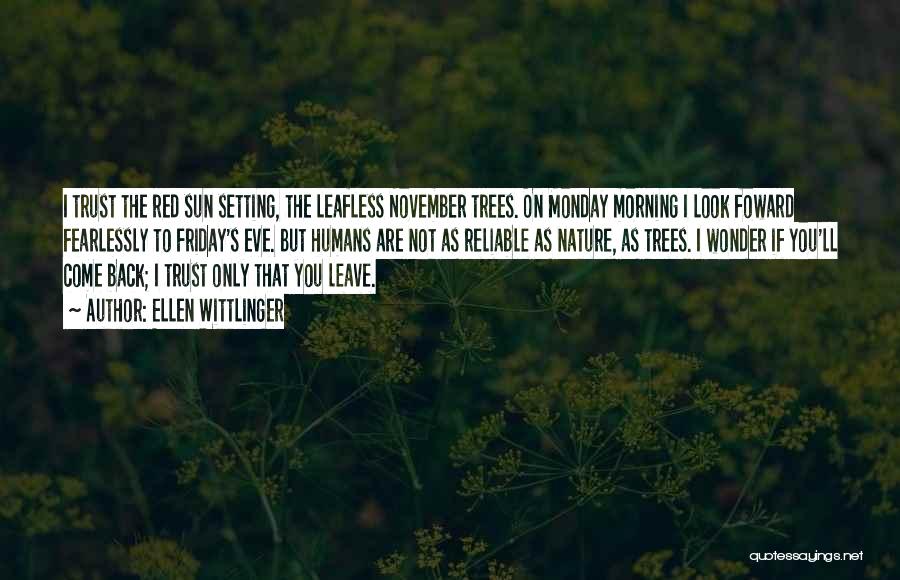 Ellen Wittlinger Quotes: I Trust The Red Sun Setting, The Leafless November Trees. On Monday Morning I Look Foward Fearlessly To Friday's Eve.