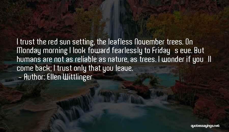 Ellen Wittlinger Quotes: I Trust The Red Sun Setting, The Leafless November Trees. On Monday Morning I Look Foward Fearlessly To Friday's Eve.